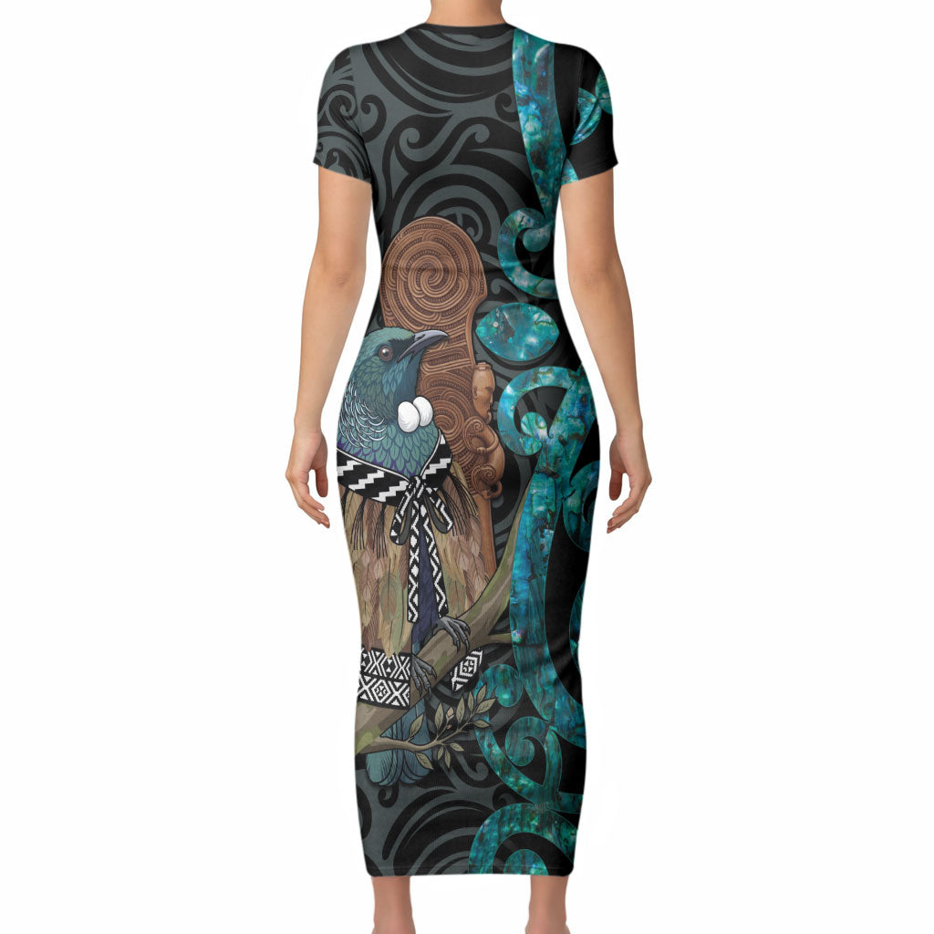 New Zealand Tui Bird Wahaika Short Sleeve Bodycon Dress Maori Weapon Paua Shell Koru Pattern LT22 - Polynesian Pride