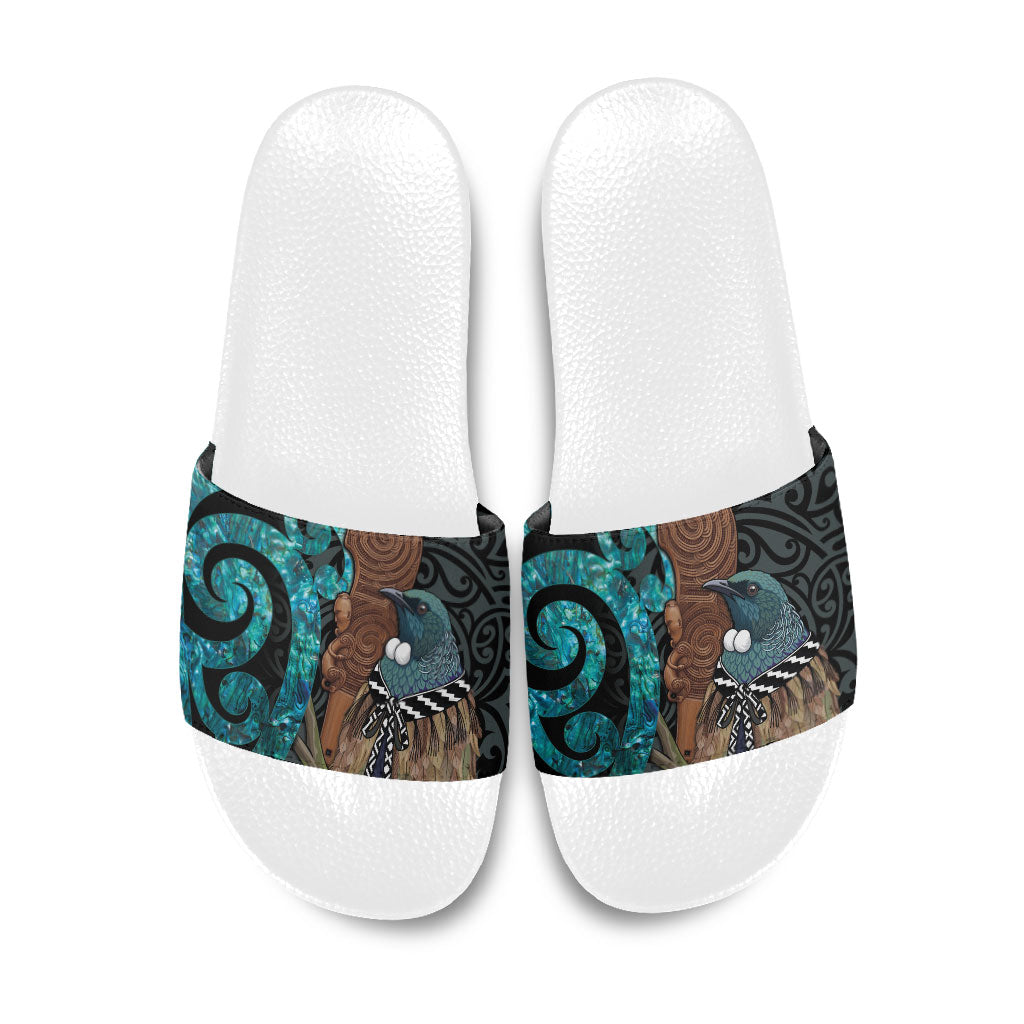 New Zealand Tui Bird Wahaika Slide Sandals Maori Weapon Paua Shell Koru Pattern LT22 Black - Polynesian Pride
