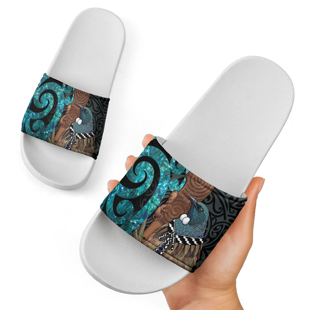 New Zealand Tui Bird Wahaika Slide Sandals Maori Weapon Paua Shell Koru Pattern LT22 - Polynesian Pride