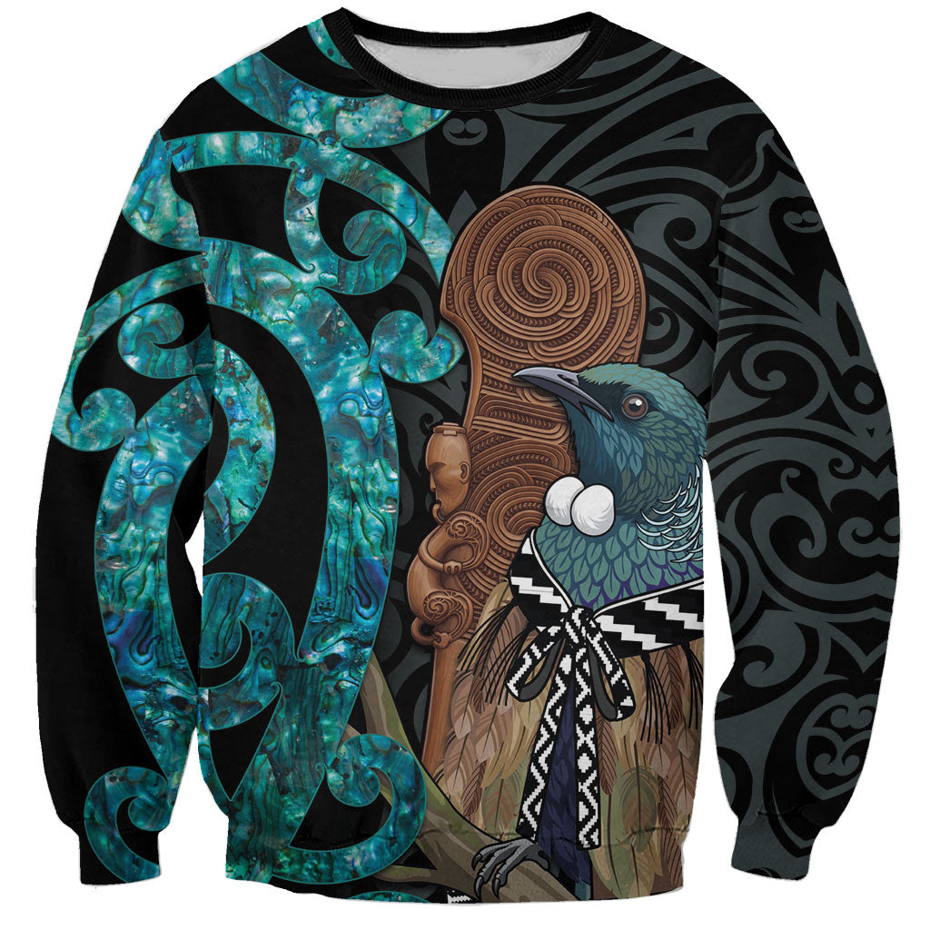 New Zealand Tui Bird Wahaika Sweatshirt Maori Weapon Paua Shell Koru Pattern LT22 Unisex Black - Polynesian Pride