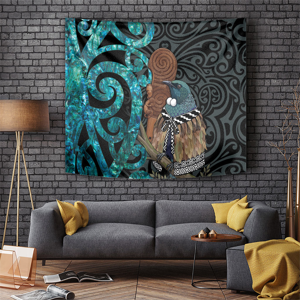 New Zealand Tui Bird Wahaika Tapestry Maori Weapon Paua Shell Koru Pattern LT22 Black - Polynesian Pride