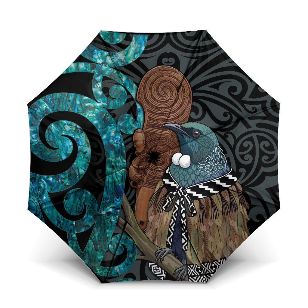 New Zealand Tui Bird Wahaika Umbrella Maori Weapon Paua Shell Koru Pattern LT22 One Size Folded 11.42 inch Opened Diameter 37.4 inch Black - Polynesian Pride
