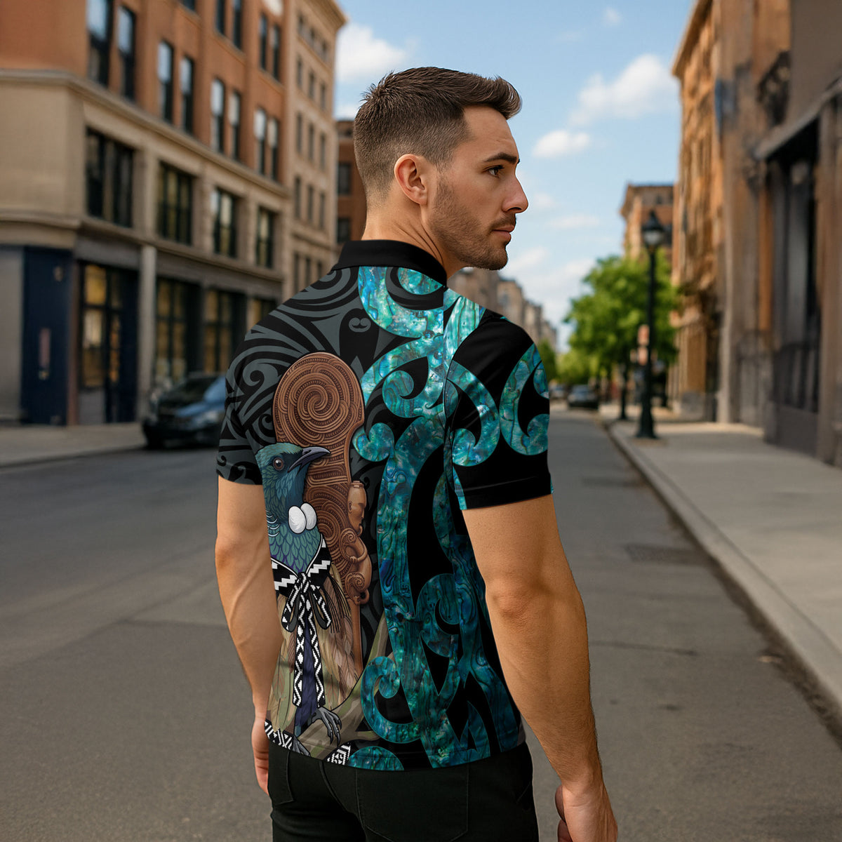 New Zealand Tui Bird Wahaika Zipper Polo Shirt Maori Weapon Paua Shell Koru Pattern LT22 - Polynesian Pride