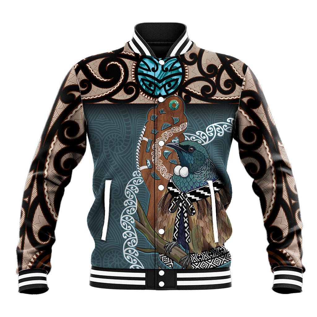 New Zealand Tui Bird Maripi Baseball Jacket Maori Weapon Kowhaiwhai Pattern LT22 Unisex Slate Blue - Polynesian Pride