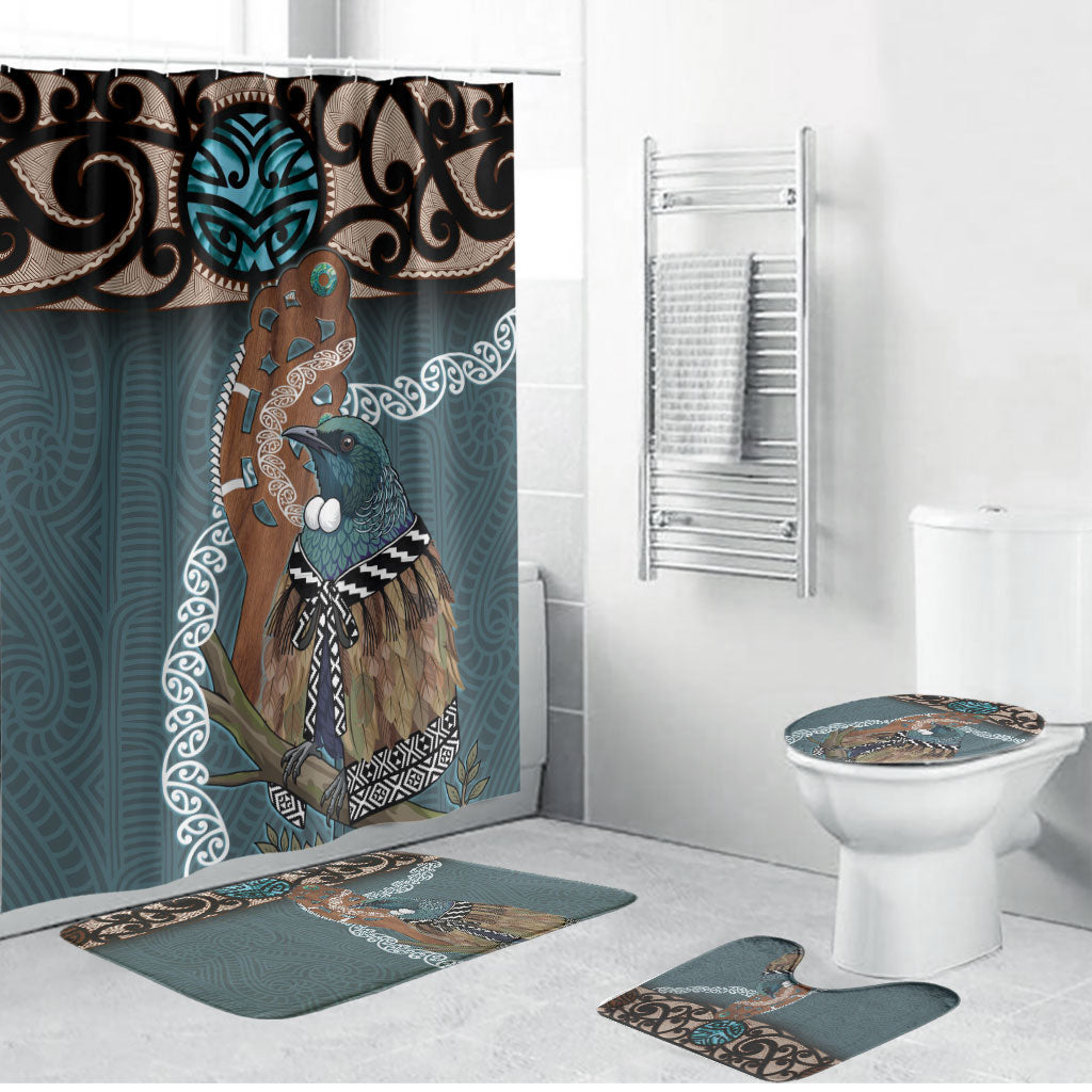 New Zealand Tui Bird Maripi Bathroom Set Maori Weapon Kowhaiwhai Pattern LT22 Bathroom Set (4 pcs) Slate Blue - Polynesian Pride