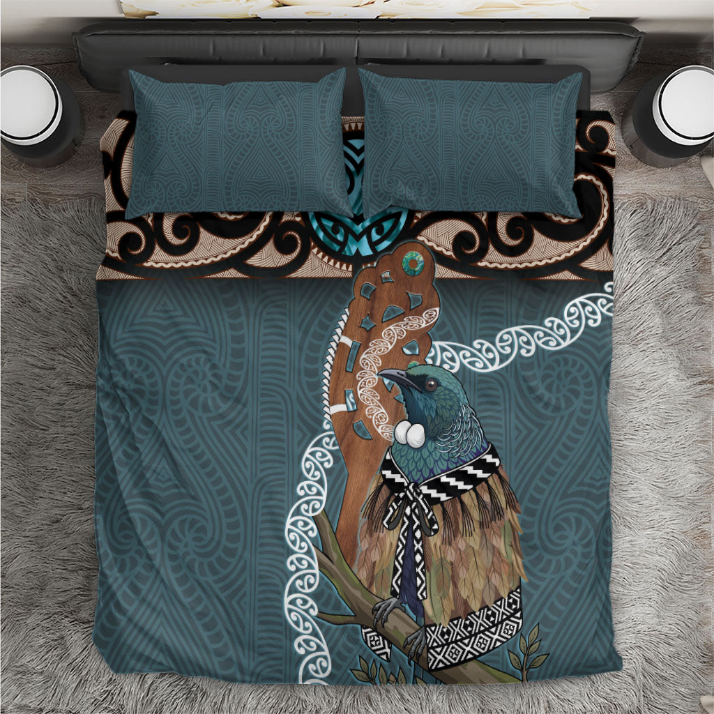 New Zealand Tui Bird Maripi Bedding Set Maori Weapon Kowhaiwhai Pattern LT22 Slate Blue - Polynesian Pride