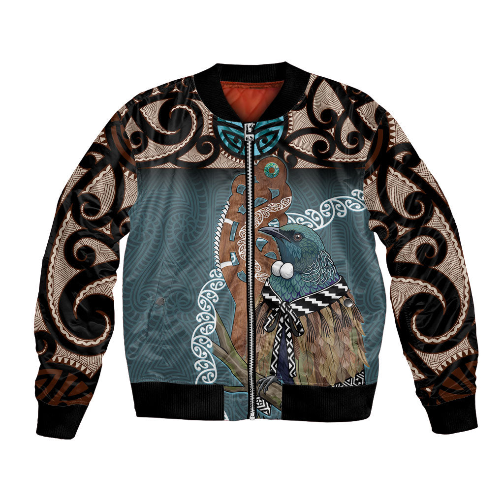 New Zealand Tui Bird Maripi Bomber Jacket Maori Weapon Kowhaiwhai Pattern LT22 Unisex Slate Blue - Polynesian Pride