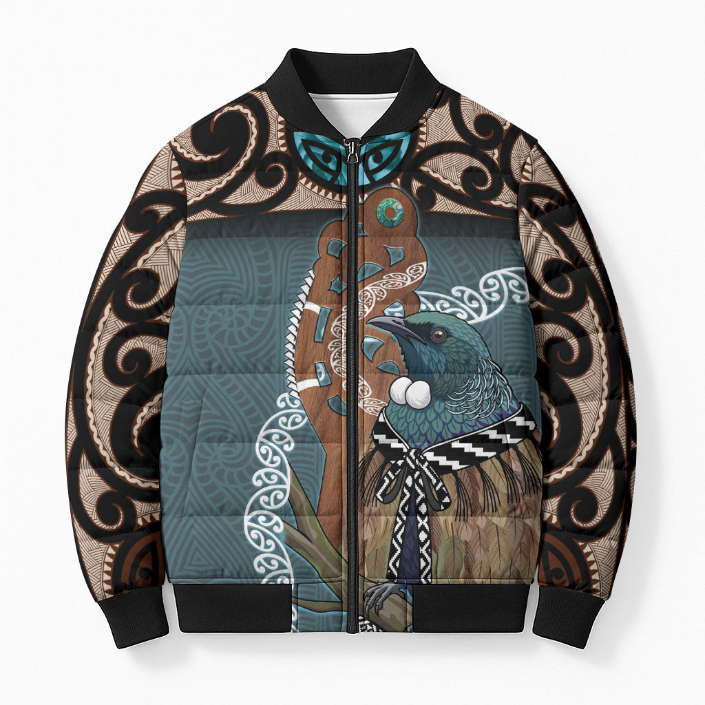 New Zealand Tui Bird Maripi Bomber Puffer Jacket Maori Weapon Kowhaiwhai Pattern LT22 Unisex Slate Blue - Polynesian Pride