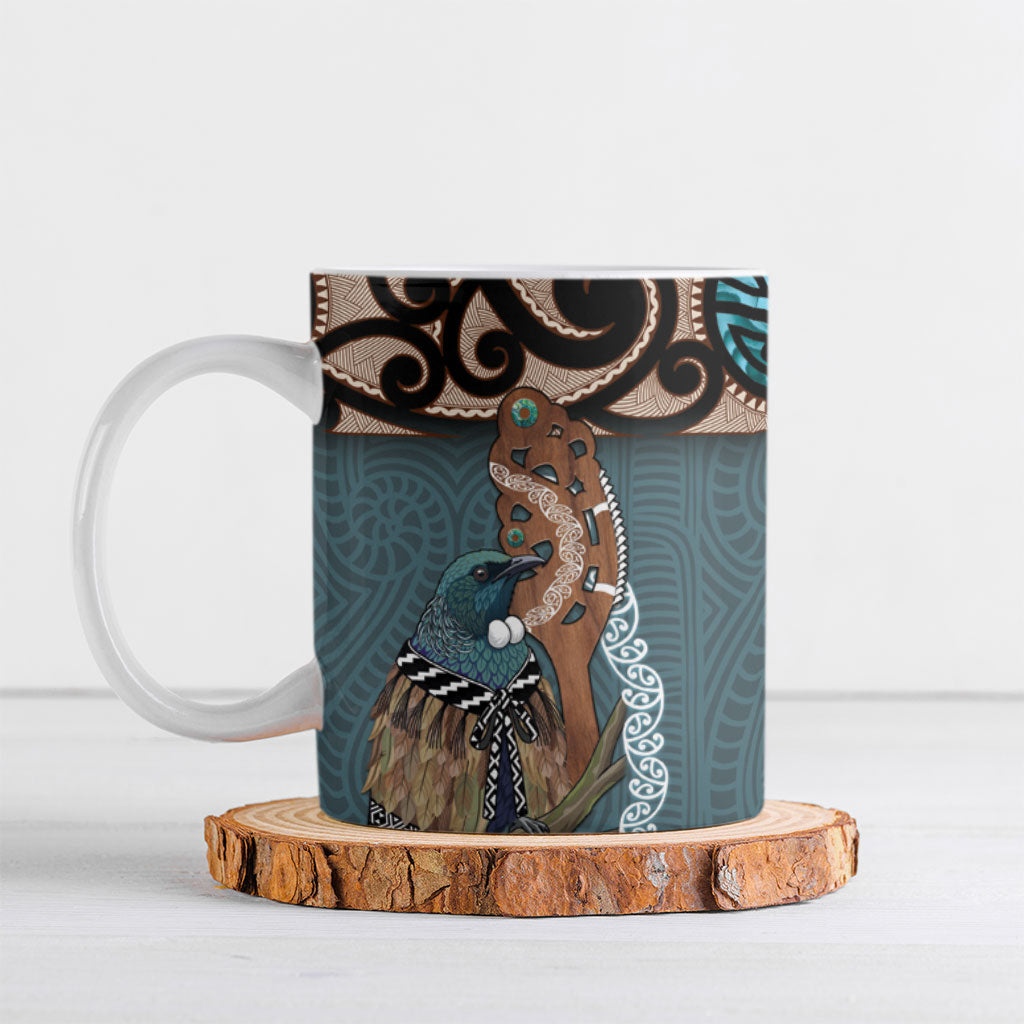 New Zealand Tui Bird Maripi Ceramic Mug Maori Weapon Kowhaiwhai Pattern LT22 Slate Blue - Polynesian Pride