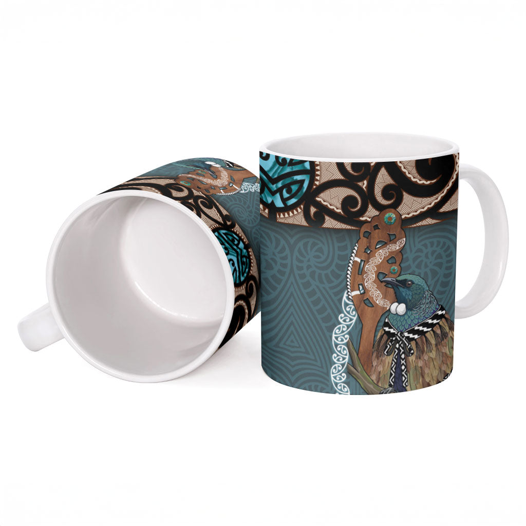 New Zealand Tui Bird Maripi Ceramic Mug Maori Weapon Kowhaiwhai Pattern LT22 - Polynesian Pride