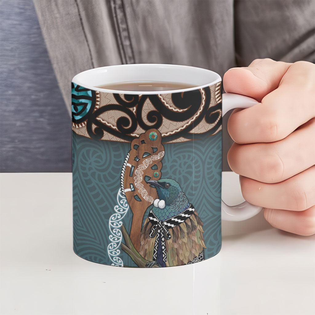 New Zealand Tui Bird Maripi Ceramic Mug Maori Weapon Kowhaiwhai Pattern LT22 - Polynesian Pride