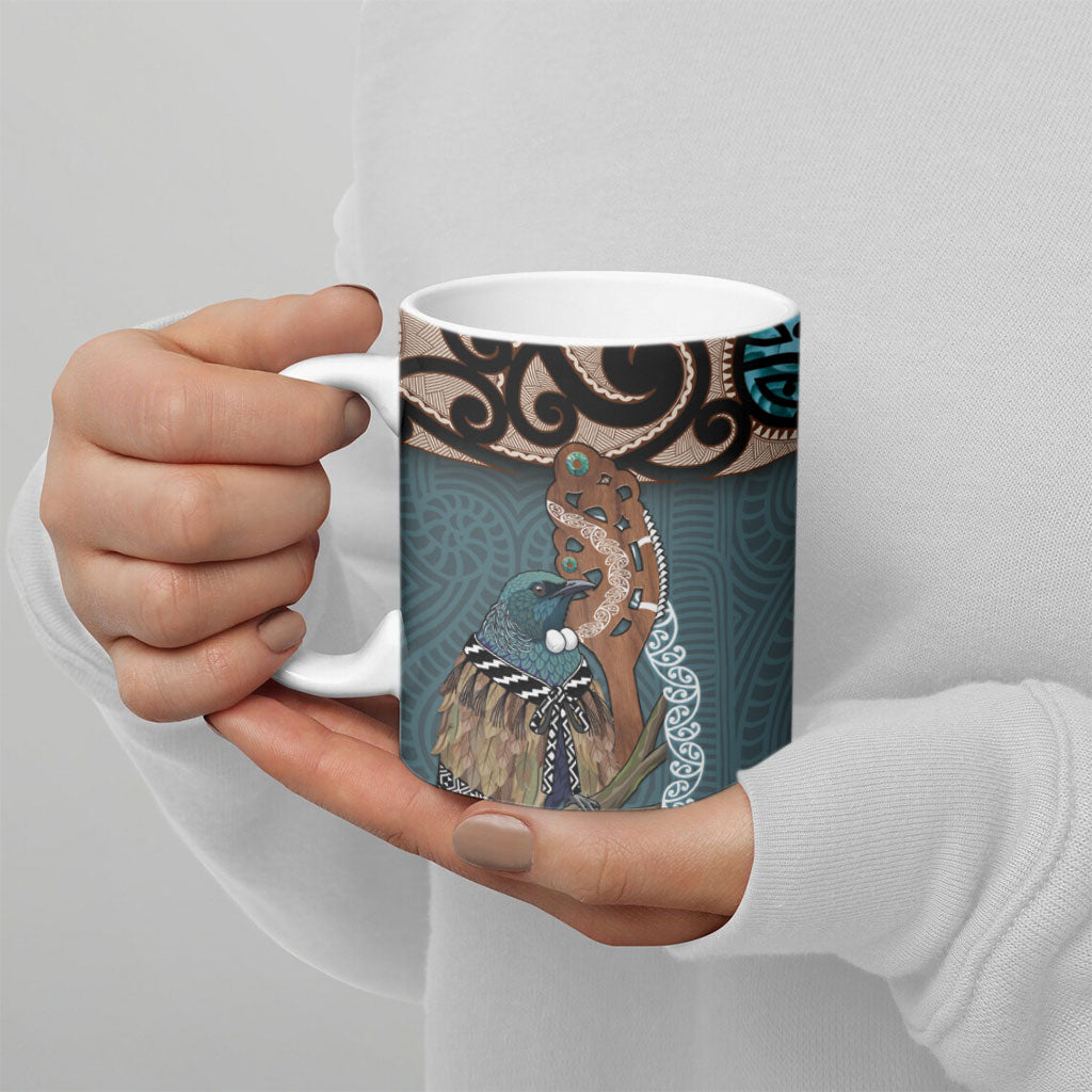 New Zealand Tui Bird Maripi Ceramic Mug Maori Weapon Kowhaiwhai Pattern LT22 - Polynesian Pride