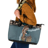 New Zealand Tui Bird Maripi Leather Tote Bag Maori Weapon Kowhaiwhai Pattern LT22 Slate Blue - Polynesian Pride