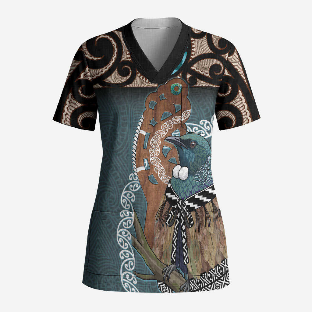 New Zealand Tui Bird Maripi Scrub Top Maori Weapon Kowhaiwhai Pattern LT22 Adult Slate Blue - Polynesian Pride
