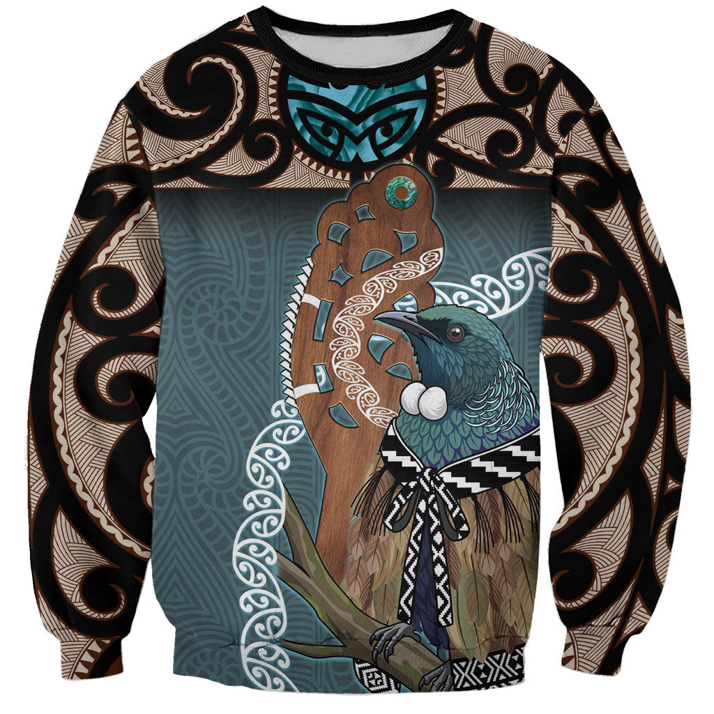 New Zealand Tui Bird Maripi Sweatshirt Maori Weapon Kowhaiwhai Pattern LT22 Unisex Slate Blue - Polynesian Pride