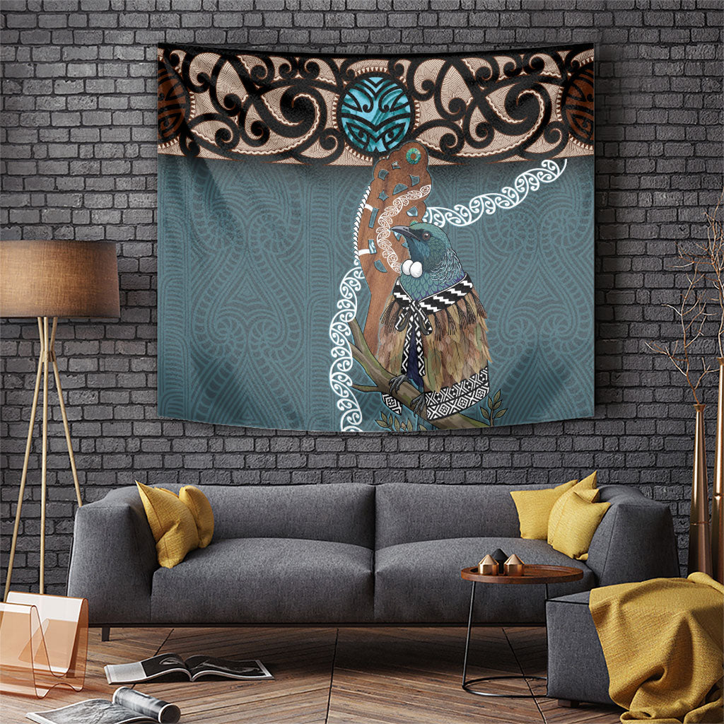 New Zealand Tui Bird Maripi Tapestry Maori Weapon Kowhaiwhai Pattern LT22 Slate Blue - Polynesian Pride