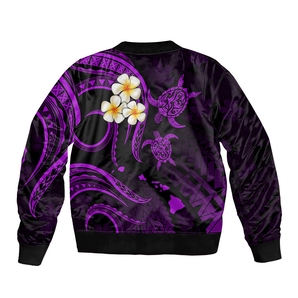 Personalised Niihau Hawaii Sleeve Zip Bomber Jacket Polynesian Tattoo and Pacific Plumeria Purple Vibe LT9 - Polynesian Pride