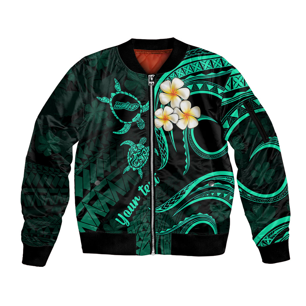 Personalised Molokai Hawaii Sleeve Zip Bomber Jacket Polynesian Tattoo and Pacific Plumeria Turquoise Vibe LT9 Unisex Turquoise - Polynesian Pride