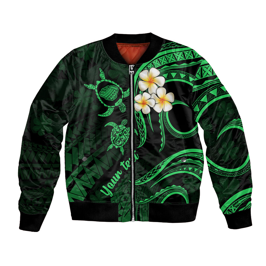 Personalised Kauai Hawaii Bomber Jacket Polynesian Tattoo and Pacific Plumeria Green Vibe LT9 Unisex Green - Polynesian Pride