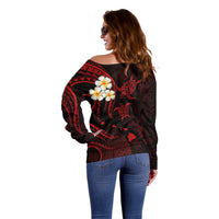 Personalised Kahoolawe Hawaii Off Shoulder Sweater Polynesian Tattoo and Pacific Plumeria Red Vibe LT9 - Polynesian Pride