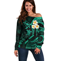 Hawaii Off Shoulder Sweater Maui Islands Pacific Plumeria Turquoise Vibe LT9 Women Turquoise - Polynesian Pride