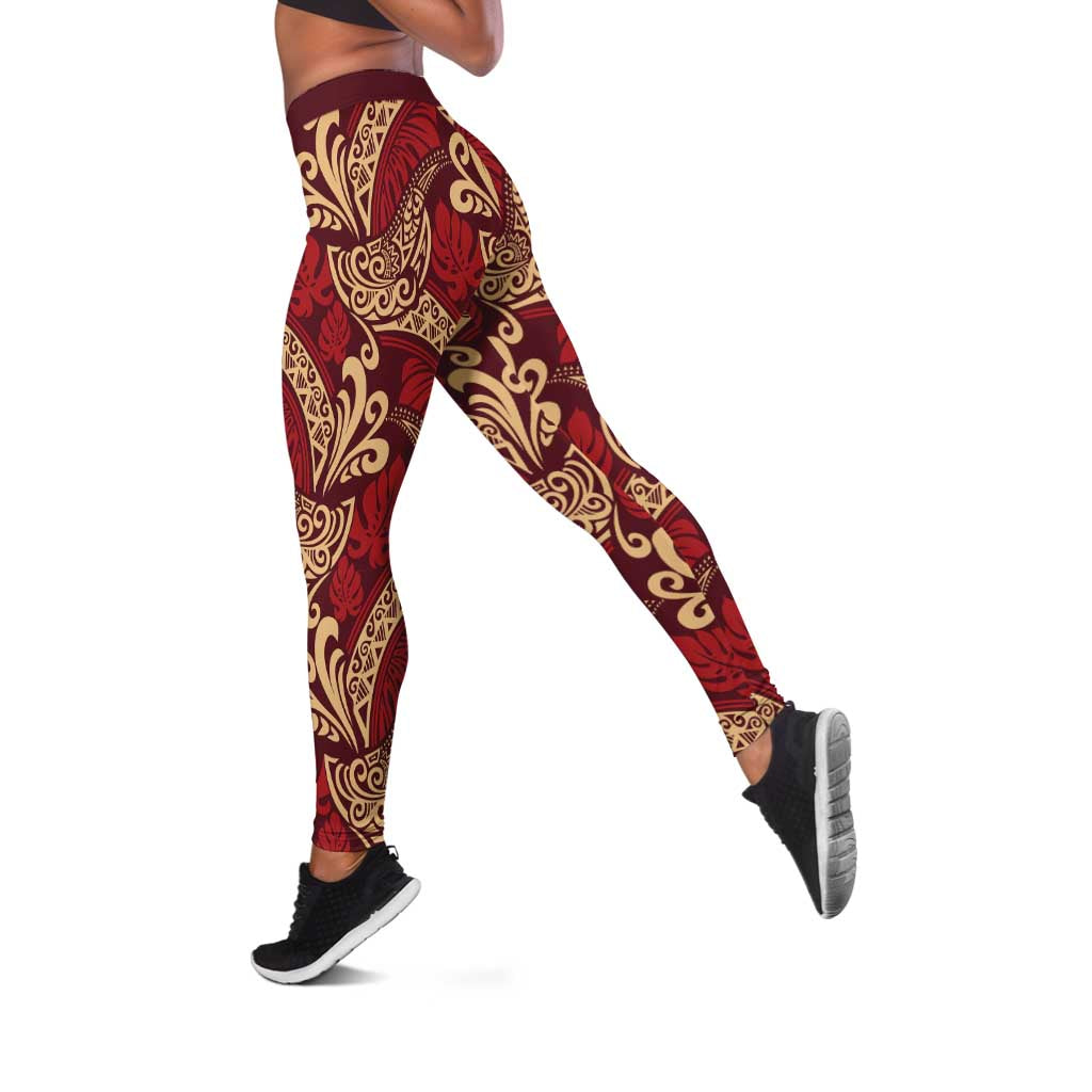 Luxury Red Monstera Leggings Polynesian Tribal Pattern LT01 Red - Polynesian Pride