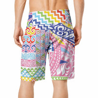 Maori Kowhaiwhai Taniko Patchwork Rainbow Motifs Board Shorts