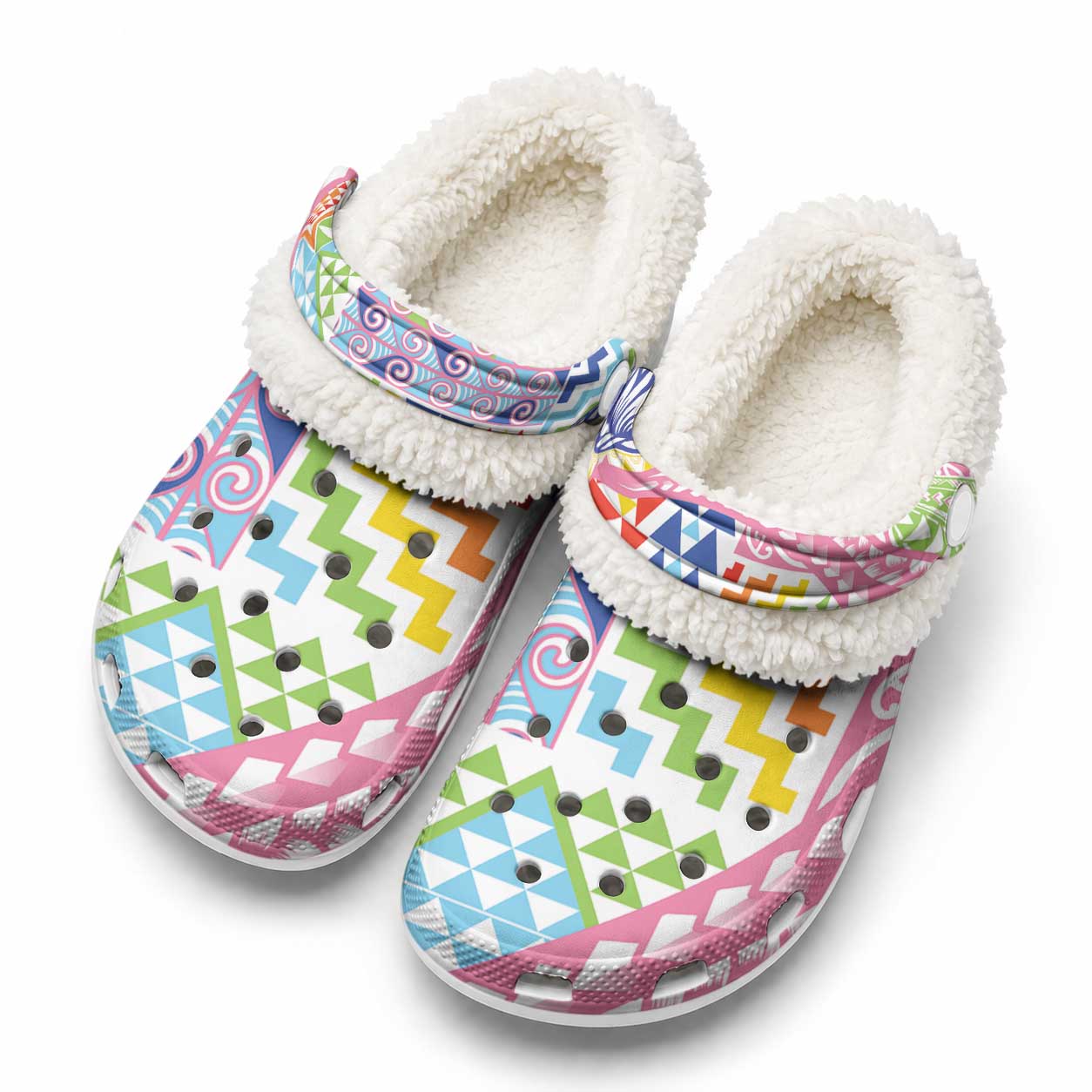 Maori Kowhaiwhai Taniko Patchwork Rainbow Motifs Fleece Clogs LT9 Rainbow - Polynesian Pride
