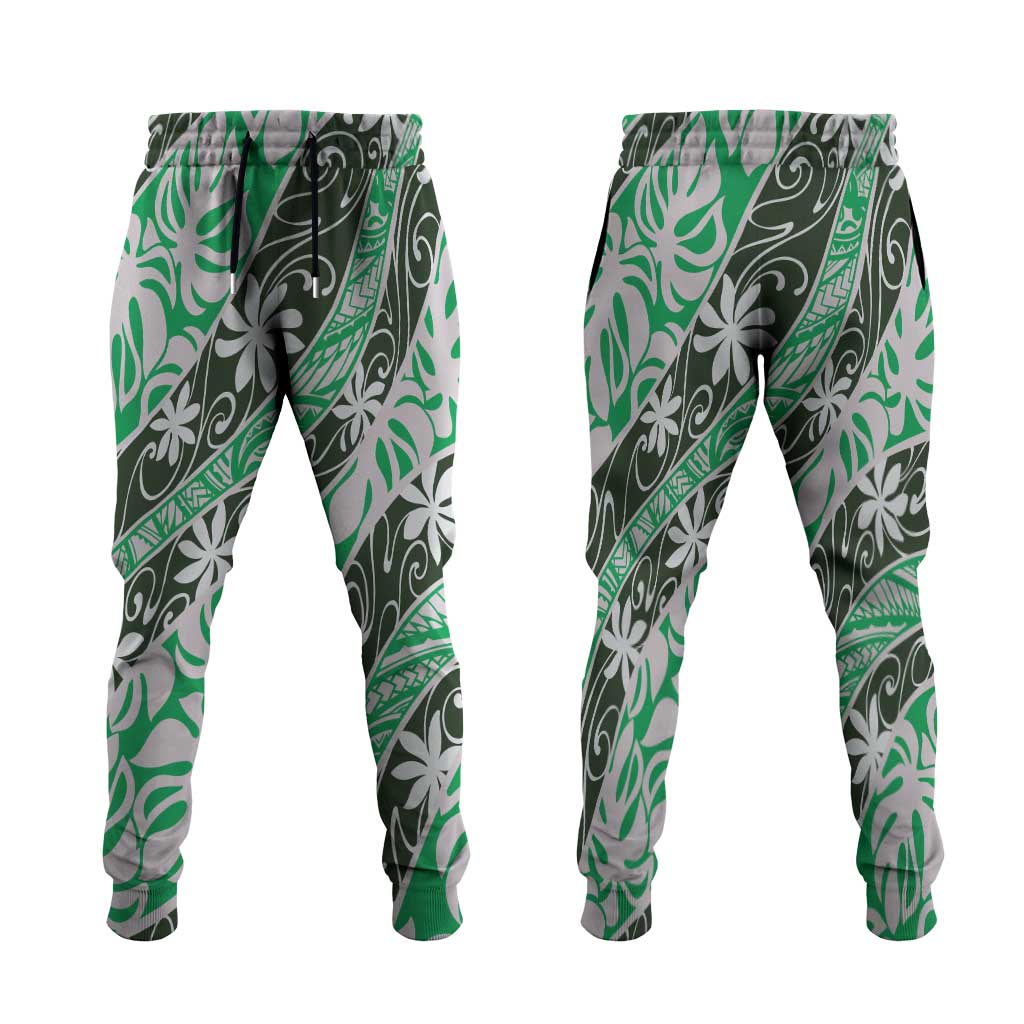 Matie Tahiti Tiare Monstera Jogger Pants Polynesian Pattern Curve Style LT01 Green - Polynesian Pride