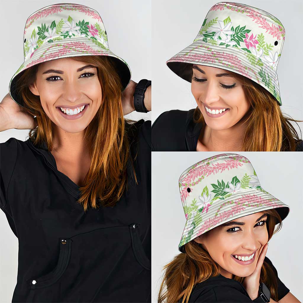Monstera Tiare Plumeria Lei Pattern Bucket Hat Green Version LT01 - Polynesian Pride