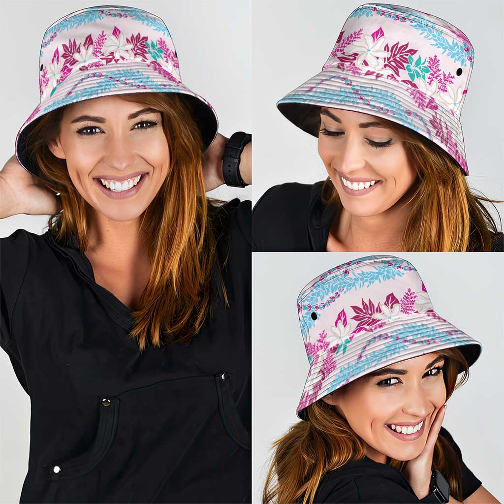 Monstera Tiare Plumeria Lei Pattern Bucket Hat Pink Version