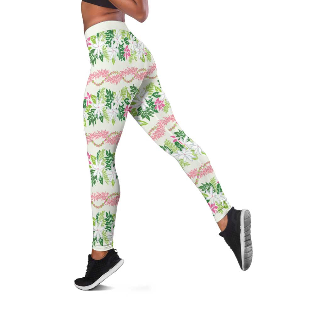 Monstera Tiare Plumeria Lei Pattern Leggings Green Version LT01 Green - Polynesian Pride