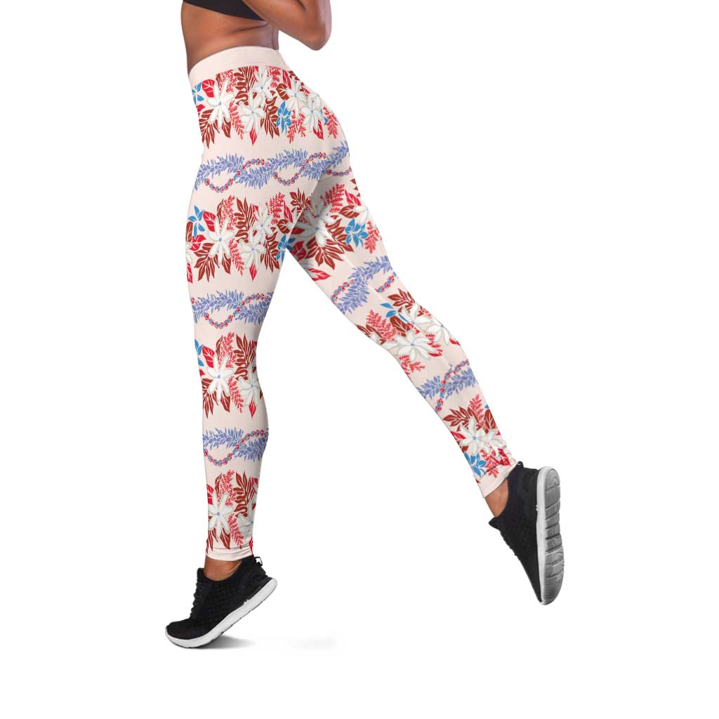 Monstera Tiare Plumeria Lei Pattern Leggings Red Version LT01 Red - Polynesian Pride
