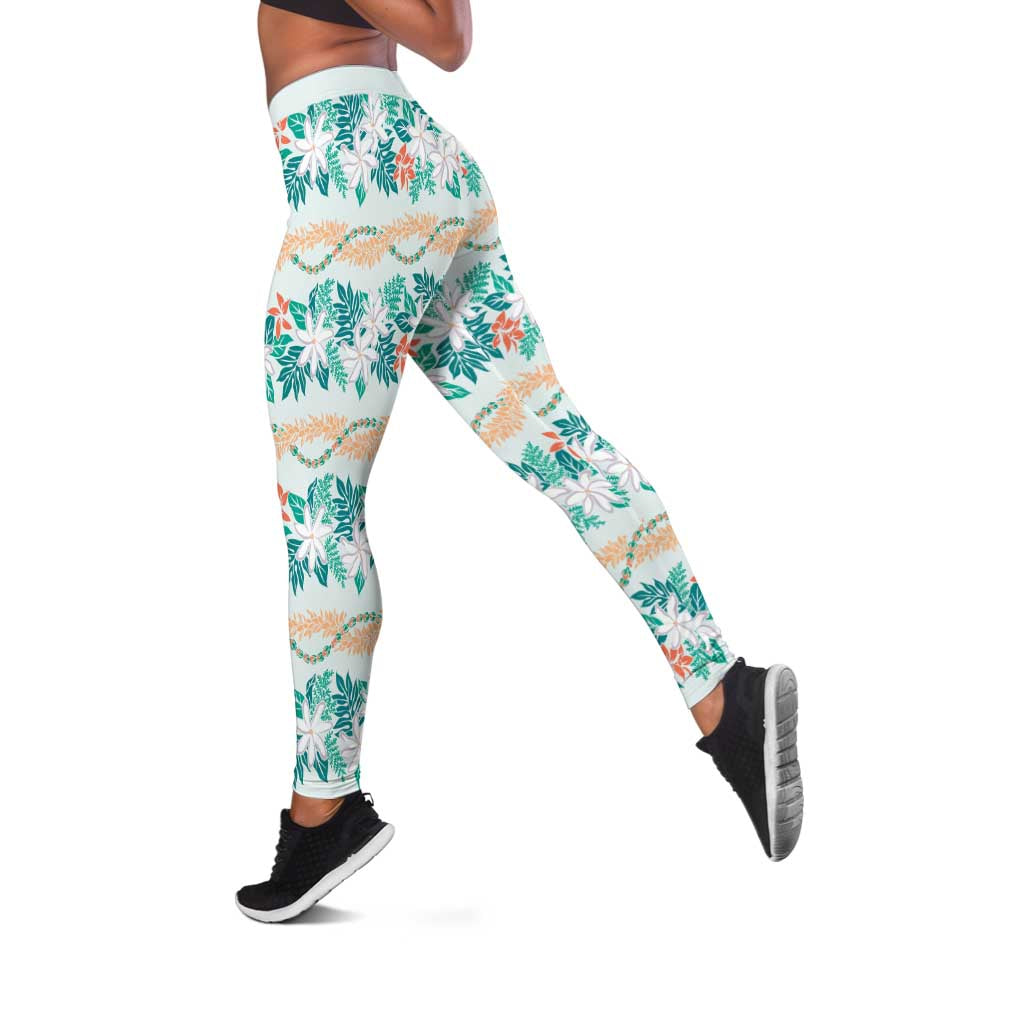 Monstera Tiare Plumeria Lei Pattern Leggings Teal Version LT01 Teal - Polynesian Pride
