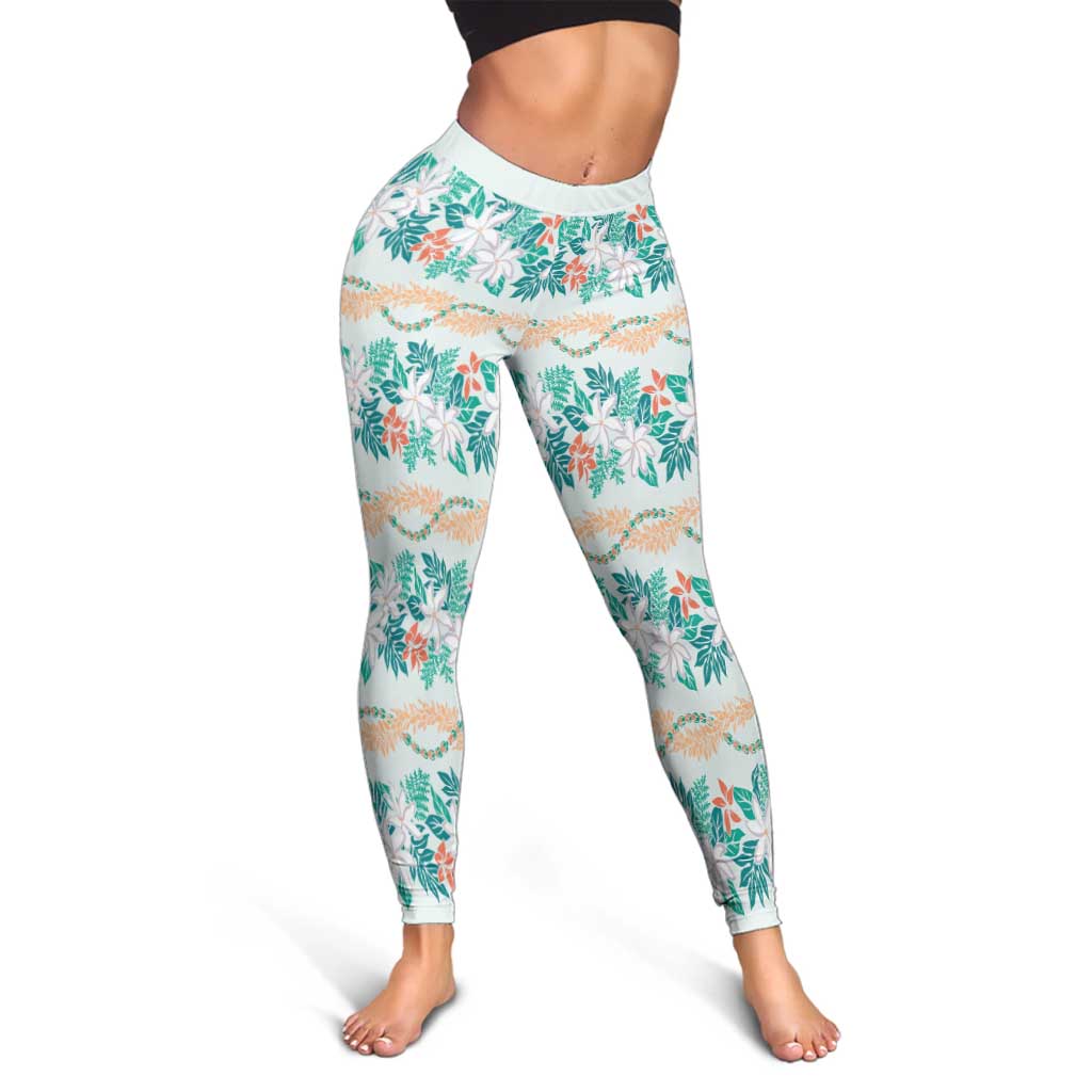 Monstera Tiare Plumeria Lei Pattern Leggings Teal Version LT01 - Polynesian Pride