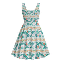 Monstera Tiare Plumeria Lei Pattern Midi Dress Teal Version LT01 - Polynesian Pride
