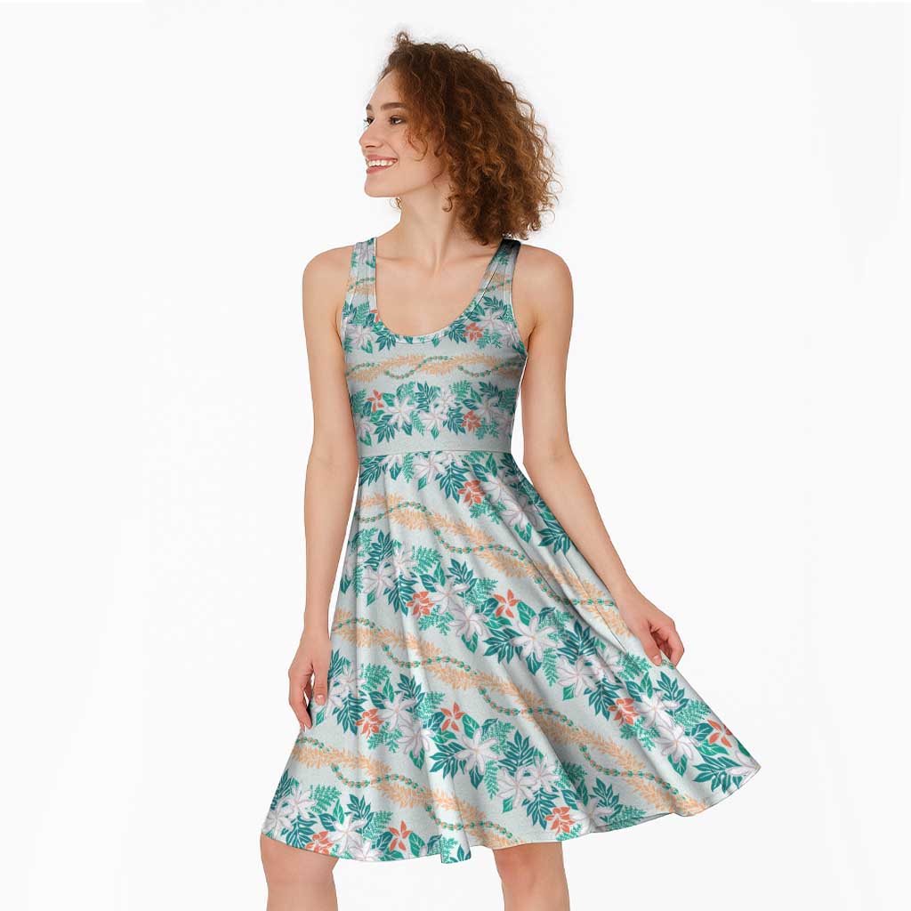 Monstera Tiare Plumeria Lei Pattern Midi Dress Teal Version LT01 - Polynesian Pride