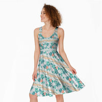 Monstera Tiare Plumeria Lei Pattern Midi Dress Teal Version LT01 - Polynesian Pride