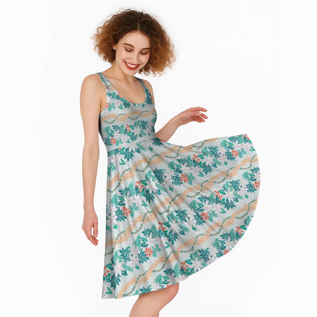 Monstera Tiare Plumeria Lei Pattern Midi Dress Teal Version LT01 - Polynesian Pride