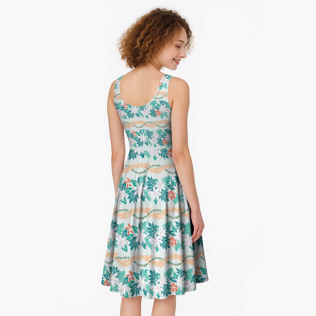 Monstera Tiare Plumeria Lei Pattern Midi Dress Teal Version LT01 - Polynesian Pride