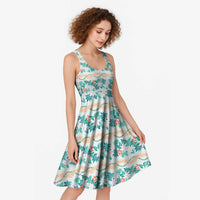 Monstera Tiare Plumeria Lei Pattern Midi Dress Teal Version LT01 - Polynesian Pride