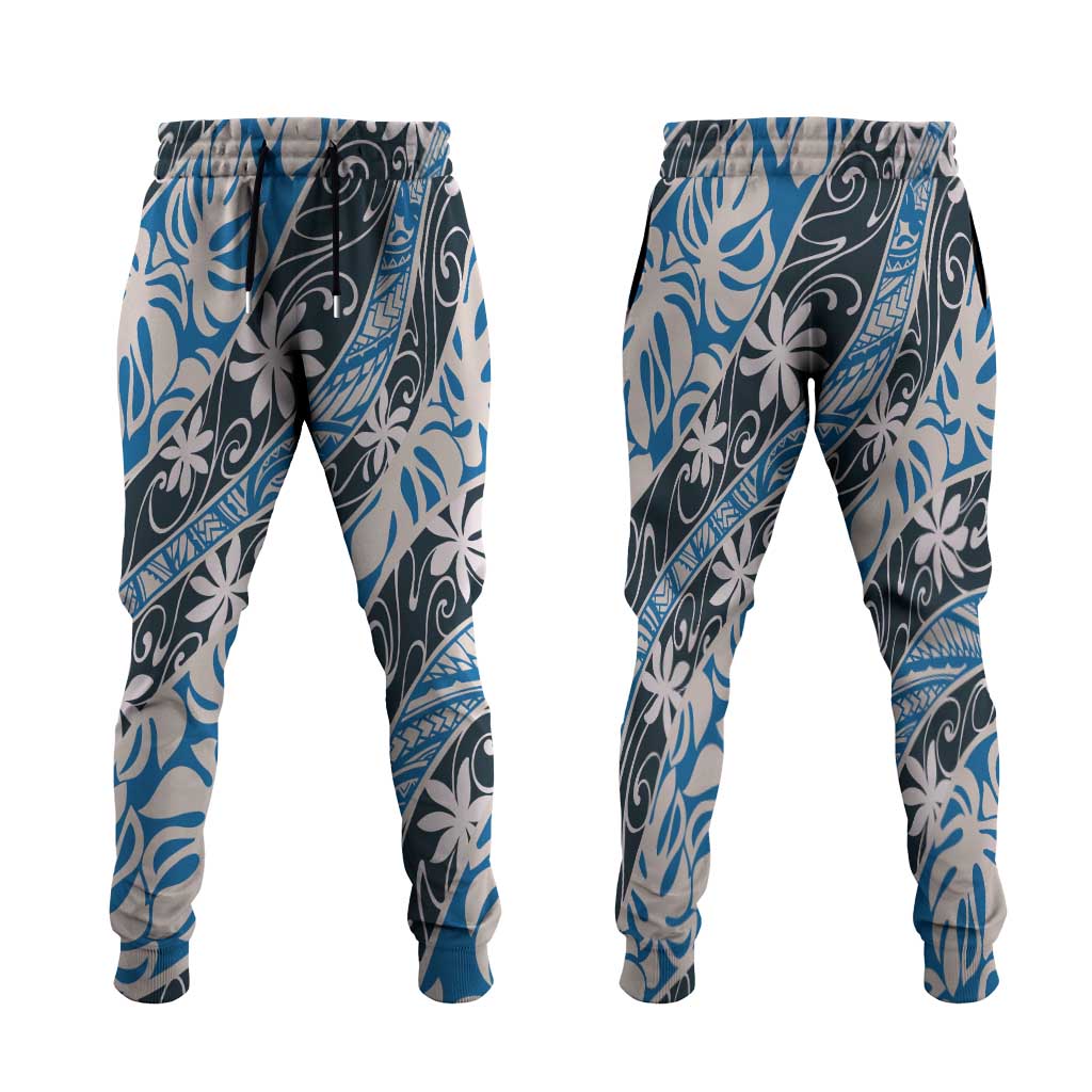 Ninamu Tahiti Tiare Monstera Jogger Pants Polynesian Pattern Curve Style LT01 Blue - Polynesian Pride