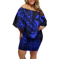 Polynesian Off Shoulder Short Dress Blue Hawaiian Tribal Hammerhead Shark LT14 - Polynesian Pride