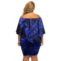 Polynesian Off Shoulder Short Dress Blue Hawaiian Tribal Hammerhead Shark LT14 - Polynesian Pride