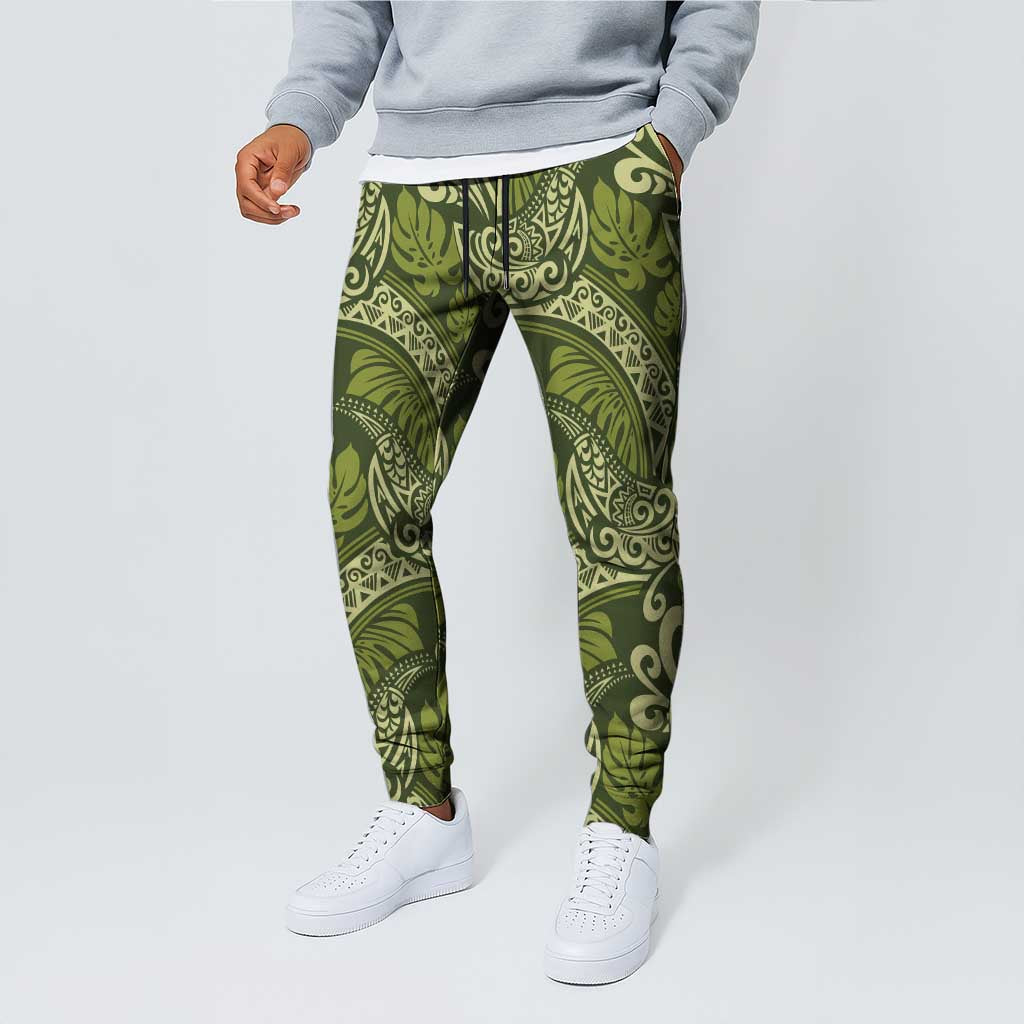 Olive Green Monstera Jogger Pants Polynesian Tribal Pattern LT01 - Polynesian Pride