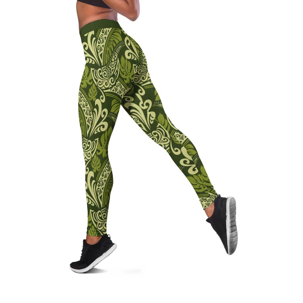 Olive Green Monstera Leggings Polynesian Tribal Pattern LT01 Green - Polynesian Pride