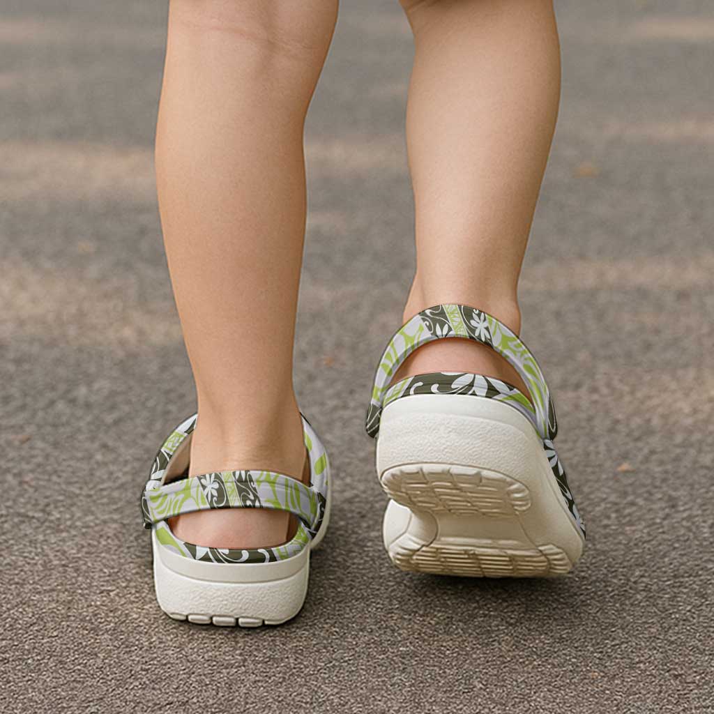 Olive Tahiti Tiare Monstera Clogs Shoes Polynesian Pattern Curve Style LT01 - Polynesian Pride