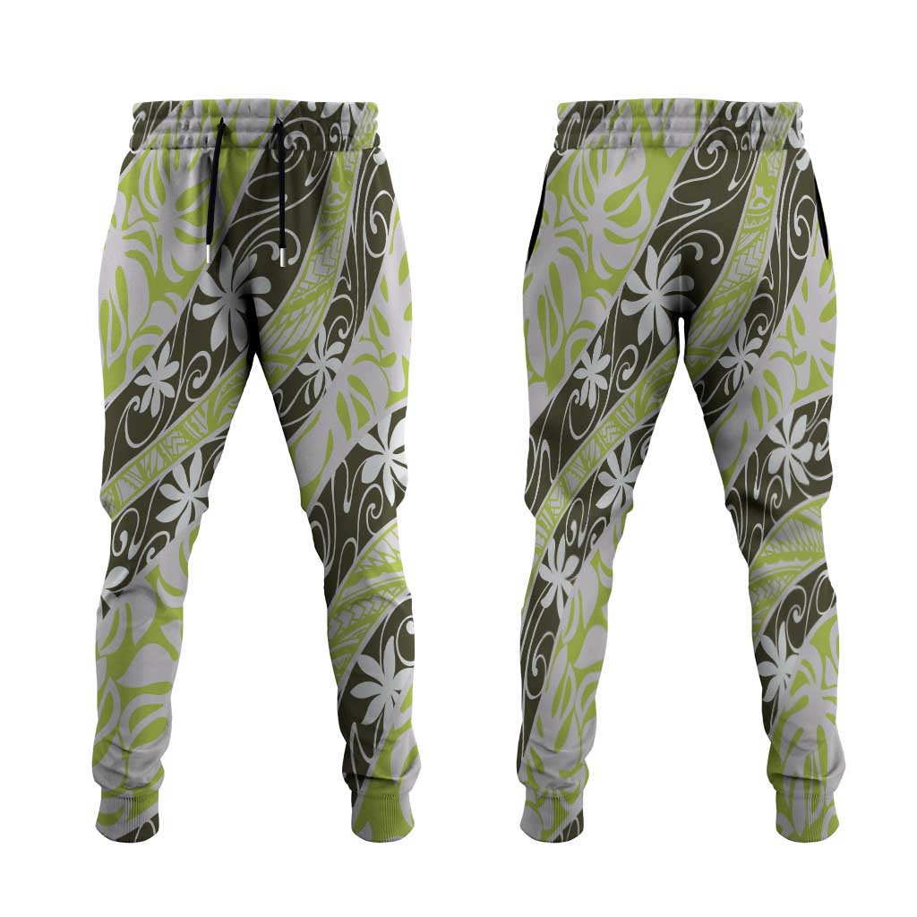 Olive Tahiti Tiare Monstera Jogger Pants Polynesian Pattern Curve Style LT01 Olive - Polynesian Pride