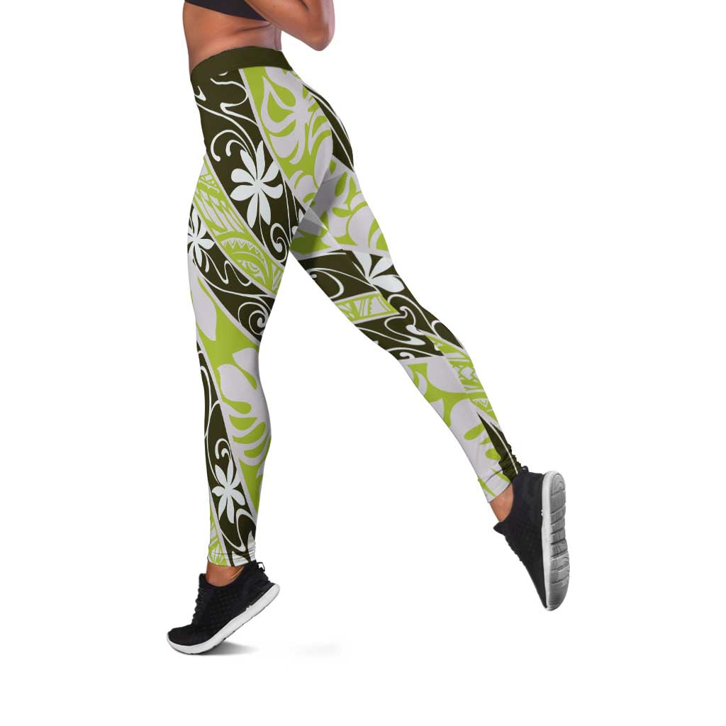 Olive Tahiti Tiare Monstera Leggings Polynesian Pattern Curve Style LT01 Olive - Polynesian Pride