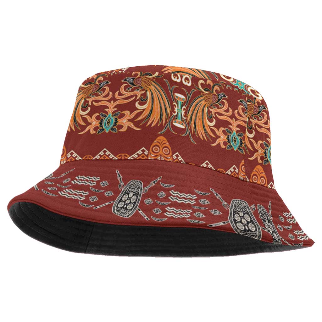Oxblood Batik Papua-inspired Pattern Bucket Hat LT9 One Size Red - Polynesian Pride
